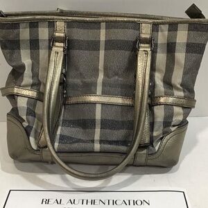 Women’s Burberry Silver Shimmer Check Degrade Buckle Tote Bag
